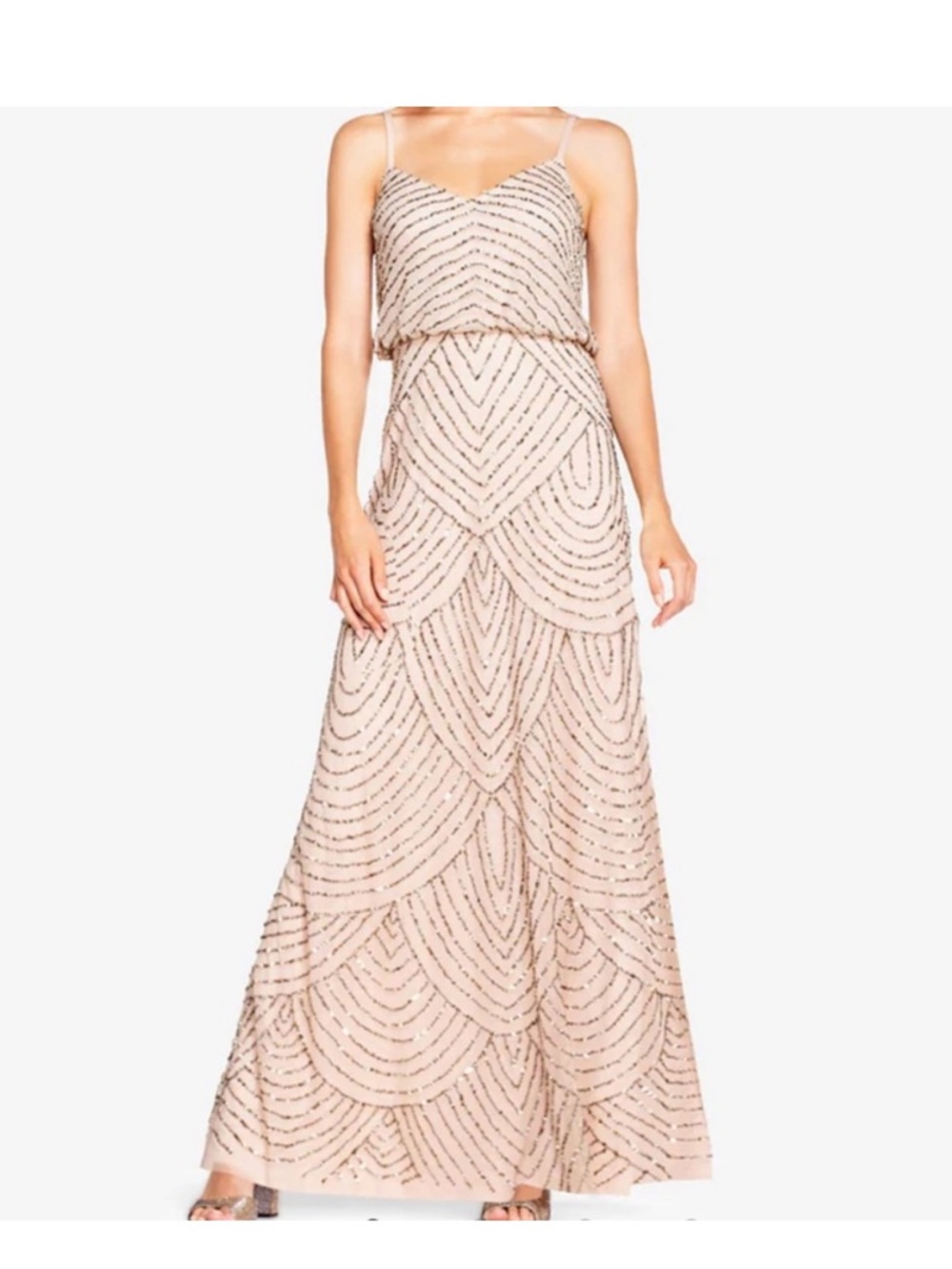 Adrianna Papell Champagne Beaded Maxi Dress